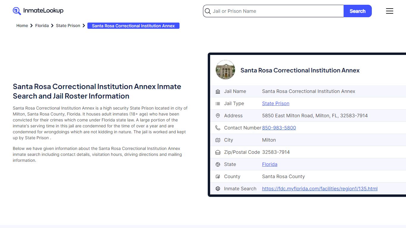Santa Rosa Correctional Institution Annex Inmate Search - Milton ...
